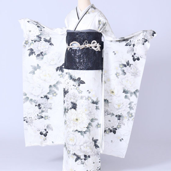 四日市店　F1597　白地　黒グレー菊の花　金刺繍
