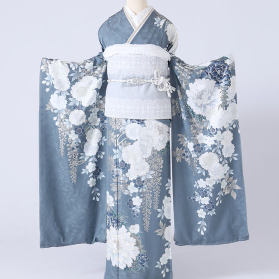 四日市店　F1742　ブルーグレー　白・青の牡丹　金の葉と花