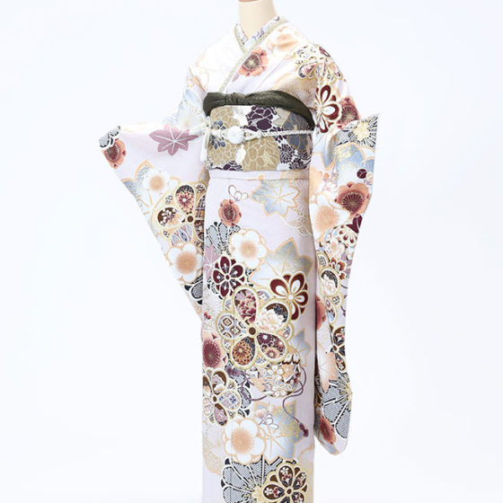 鈴鹿店　F1647　紫ﾋﾟﾝｸ地 金彩の花と四季の花に鞠