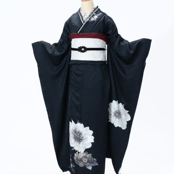 鈴鹿店　F1681　黒地 白と濃ｺﾞｰﾙﾄﾞの2輪の牡丹