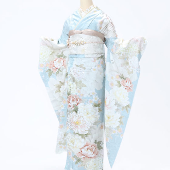鈴鹿店　F1716　くすみ水色地 白ｺﾞｰﾙﾄﾞとﾋﾟﾝｸの牡丹・菊