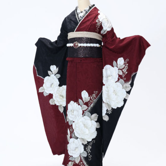 鈴鹿店　F1723　えんじ/黒地 白とくすみ色の芍薬