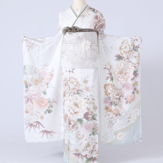 四日市店　F1739　白地裾くすみグリーン　牡丹・桜・百合・藤　
