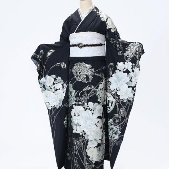 鈴鹿店　F1745　黒ﾗﾒ地 薄ｺﾞｰﾙﾄﾞの芍薬にﾗｲﾝｽﾄｰﾝ