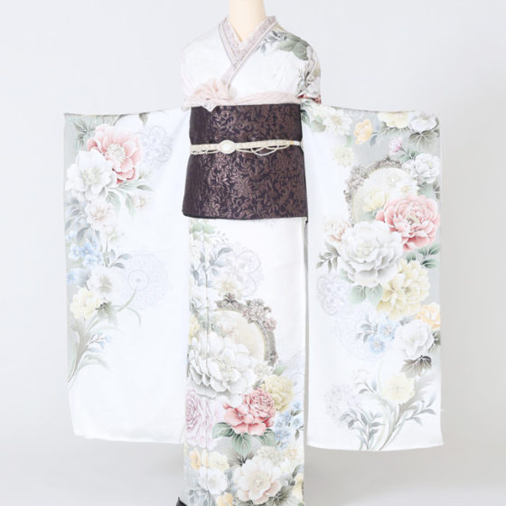 四日市店　F1746　白地裾ベージュ　牡丹・鏡・ダマスク柄 sakura