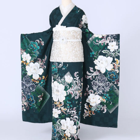 四日市店　F1751　深緑市松地模様　大輪の牡丹　桜田ひより