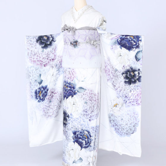 四日市店　F1752　白地流線地模様　紫の牡丹　桜田ひより　