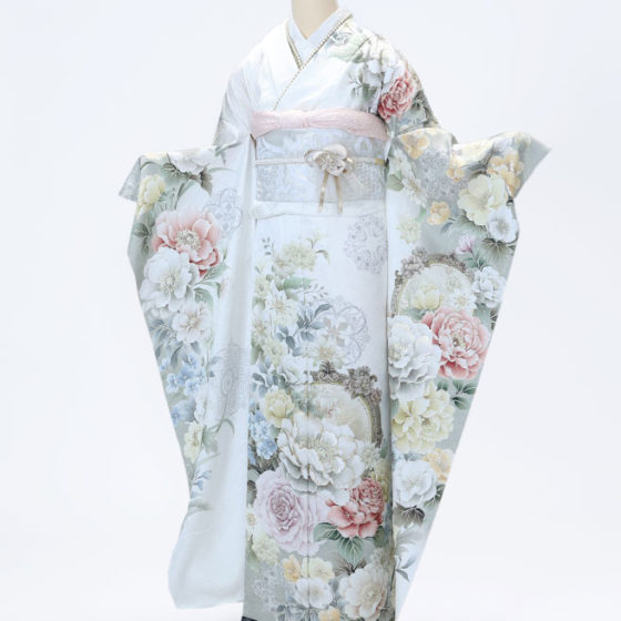 鈴鹿店　F1748　白地 裾ﾍﾞｰｼﾞｭ 牡丹・バラ・鏡