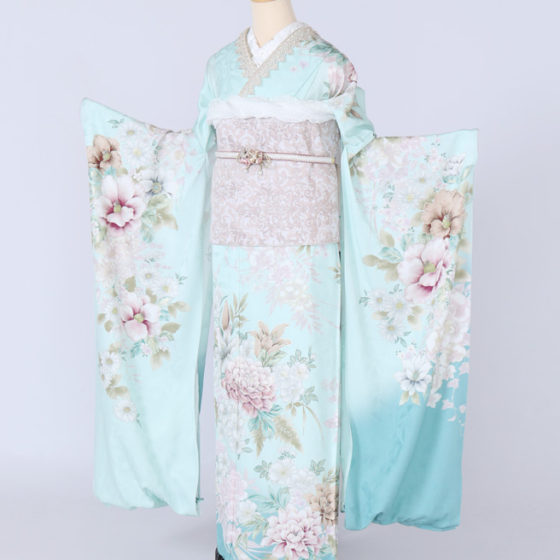 四日市店　F1762 パステルグリーン裾グラデ ピンクや白の牡丹と葉