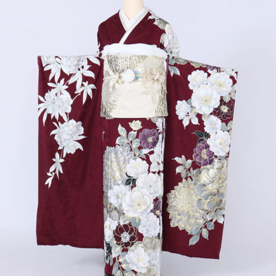 四日市店　F1763 ワインピンク地 葉模様 白・金・紫の牡丹