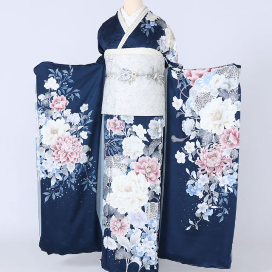 四日市店　F1770　紺地　黄・ピンクの牡丹　丸菊・小花・扇・房