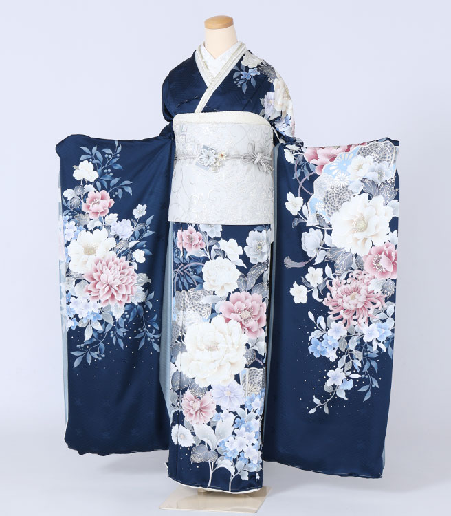 四日市店　F1770　紺地　黄・ピンクの牡丹　丸菊・小花・扇・房