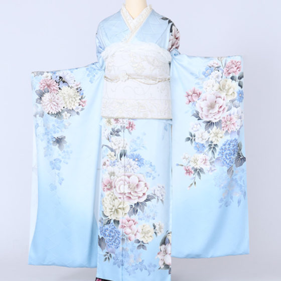 四日市店　F1772　水色地　ピンク・イエローの牡丹 百合 紫陽花