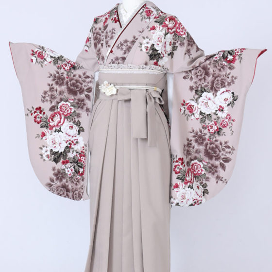 四日市店 C9708 くすみピンク地 白・ブラウン・赤の牡丹と葉