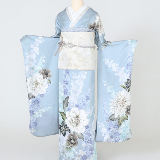 四日市店　F1783　くすみ水色　白・グレーの牡丹　水色の小花