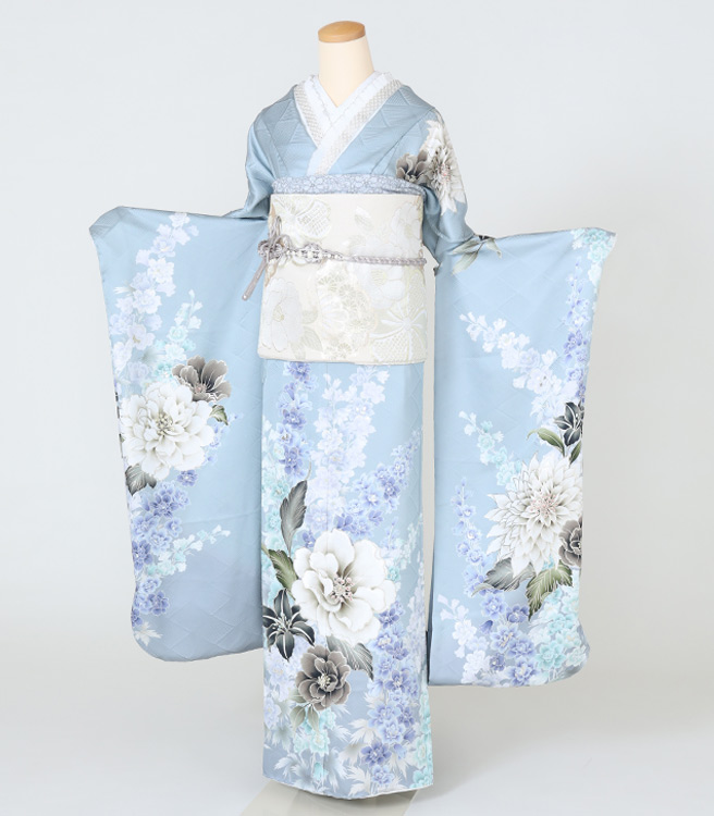 四日市店　F1783　くすみ水色　白・グレーの牡丹　水色の小花