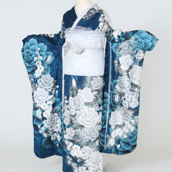 四日市店　F1784　ブルー地　白・グレー・水色の薔薇　ラインストーン