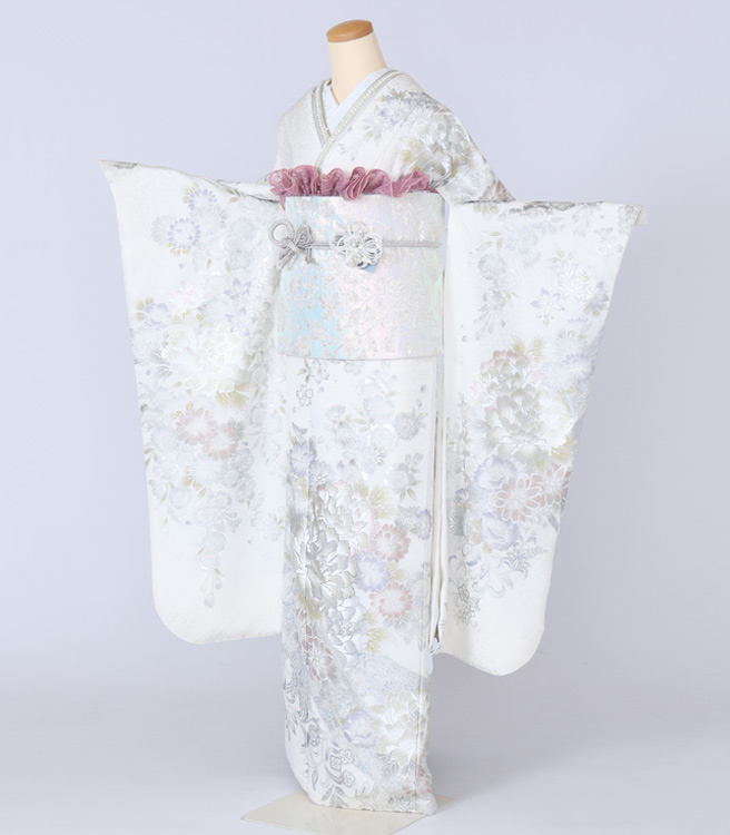 四日市店　F1764 白地 ﾊﾟｽﾃﾙﾋﾟﾝｸ・ｲｴﾛｰの銀彩花模様