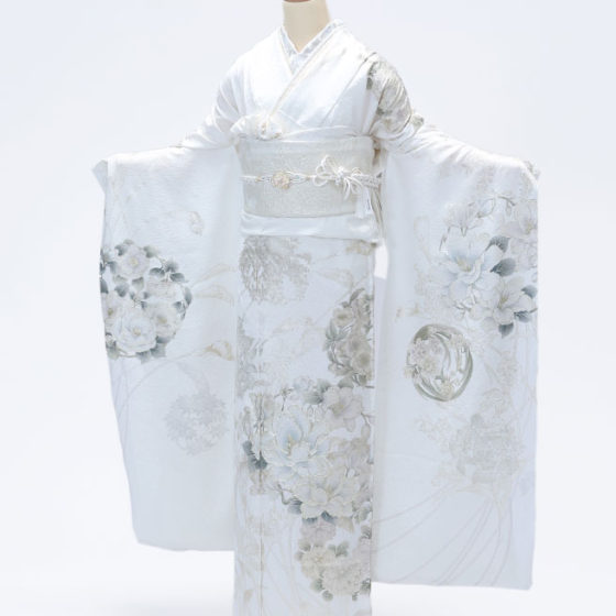 鈴鹿店　F1766　白ﾗﾒ地 薄ｺﾞｰﾙﾄﾞの芍薬にﾗｲﾝｽﾄｰﾝ