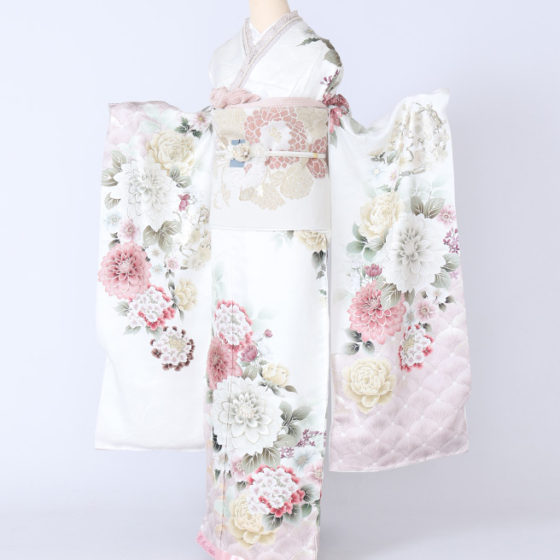 四日市店　F1809　白地 裾桃色鱗 白・ピンクの牡丹・紫陽花