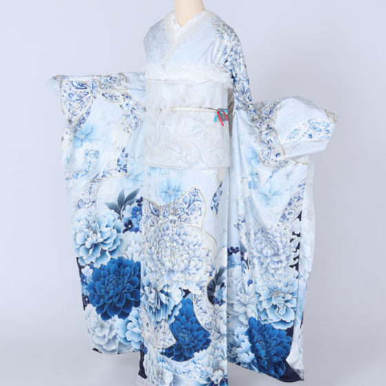 四日市店　F1812　水色地 花地模様 水色・青の牡丹とリボン 紅一点×上村愛花