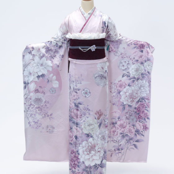 鈴鹿店 F1787 くすみピンク地 紫/白シルバーの花