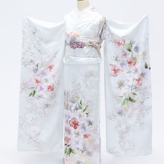 鈴鹿店 F1804 白地 白/紫ピンクの紫陽花と金の花々