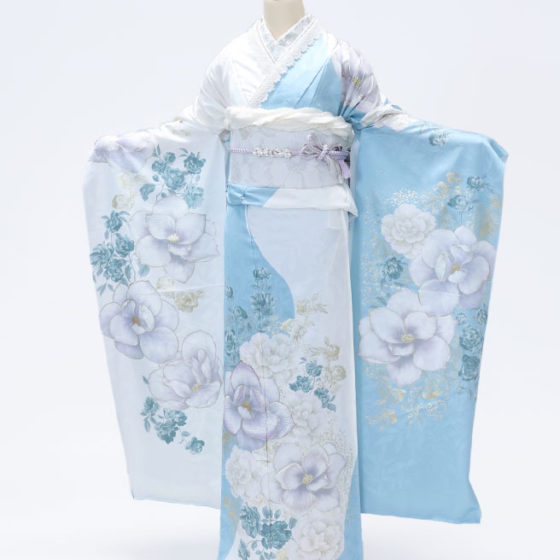 鈴鹿店 F1810 水色/白地 ゴールド小花 紫と白の大きな花