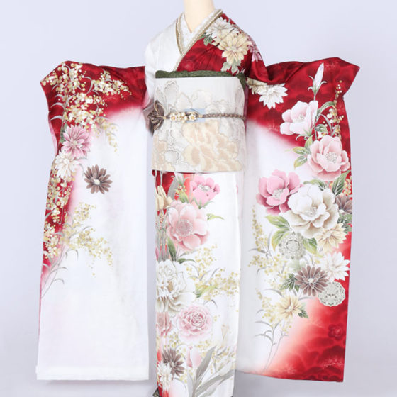 四日市店　F1821　赤地白ぼかし　牡丹/バラ/チューリップ　sakura