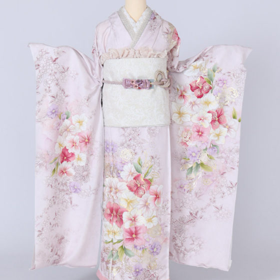 四日市店　F1825 ピンク地 白/紫 ピンクの紫陽花と金の花々