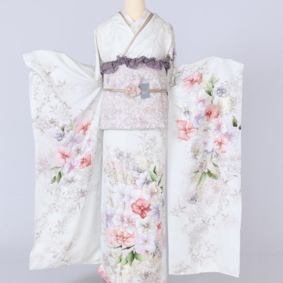 四日市店　F1826 白地 白/紫 ピンクの紫陽花と金の花々