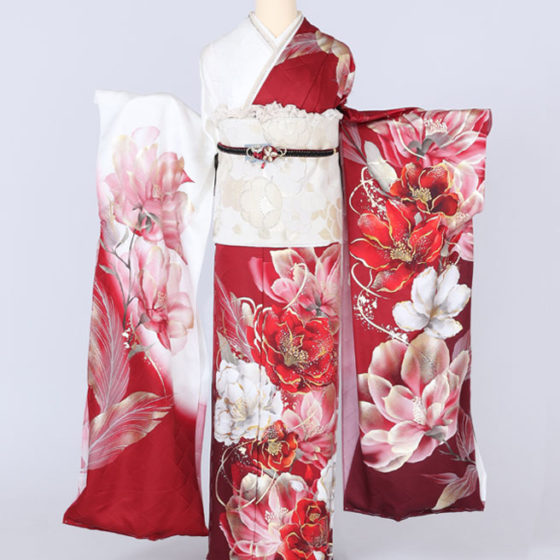四日市店 F1828 赤地/白地 牡丹の花びらにストーン