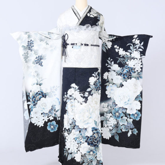 四日市店　F1829　白/紺と黒のグラデーション　牡丹にシルバーラメ