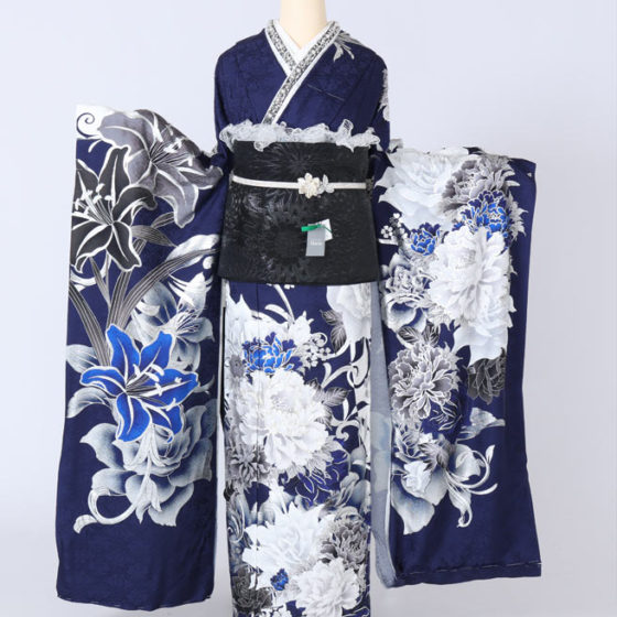 四日市店　F1824　紺地　銀彩　大きな百合/薔薇/牡丹