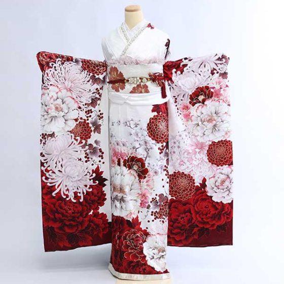 F1838 白地 赤･ﾋﾟﾝｸの牡丹と桜･糸菊