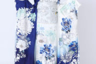 四日市店　F1839　白/青地　銀彩　菊や牡丹・梅・小花